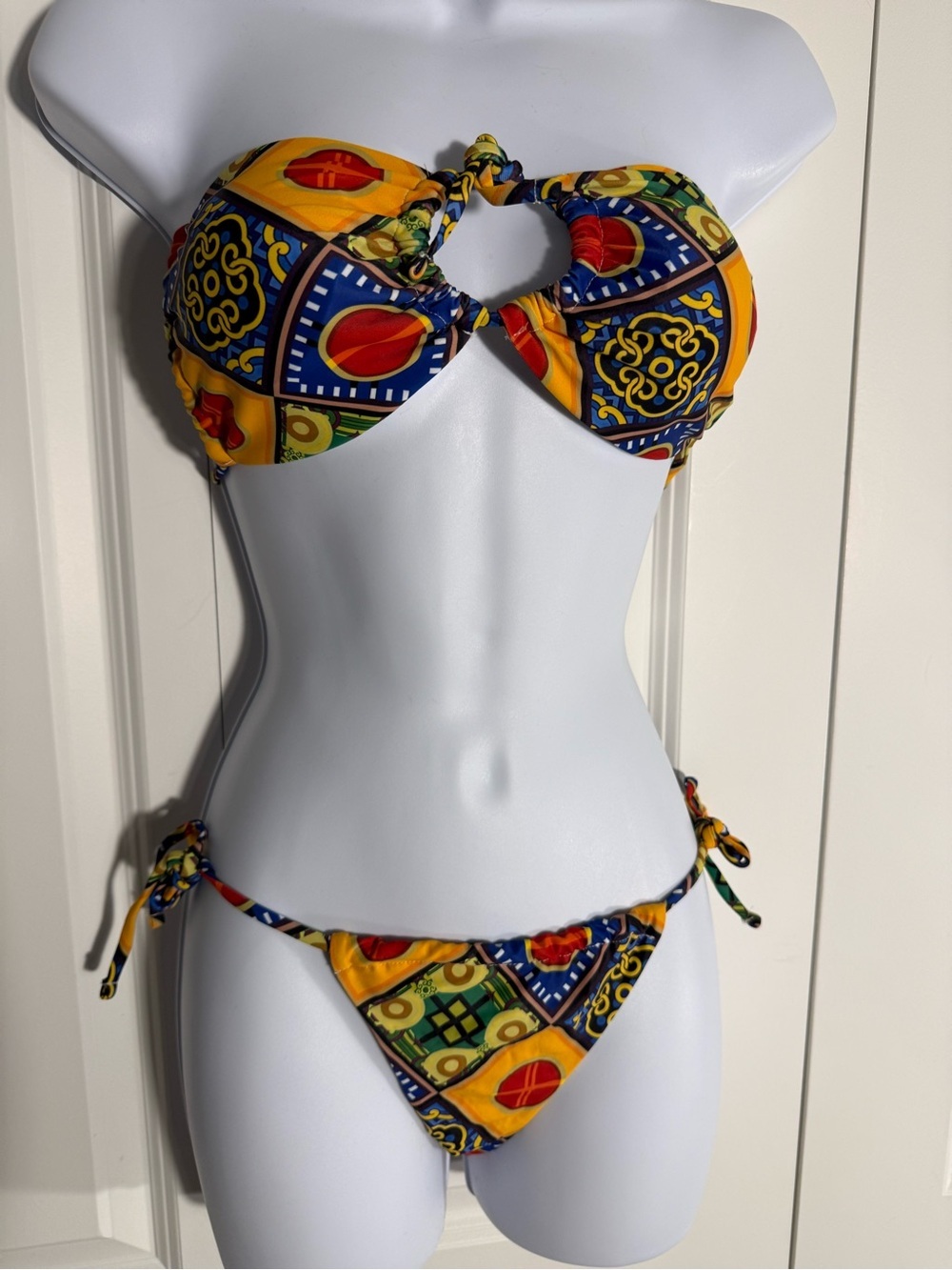 SHEIN Yellow Multicolor Tile Print Bandeau Bikini